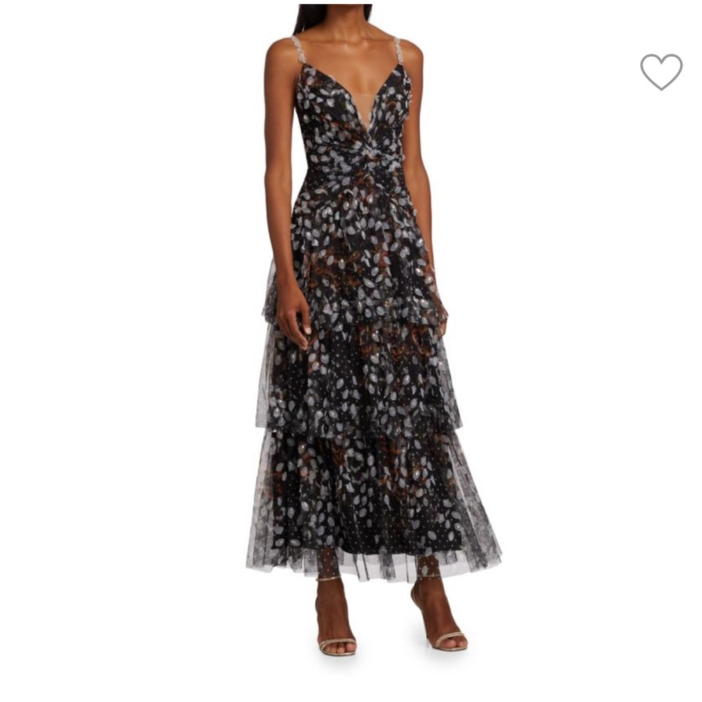 NWT Marchesa Notte Printed Dot Tulle Ruffle Gown Size 10